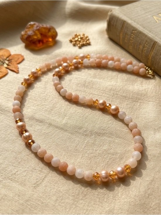 koreanna Jewelry - SOLD*** koreanna Elegant Frosted Peach Aventurine and Peach Pearl Necklace
